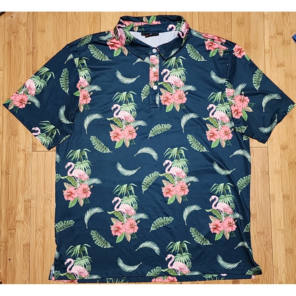 Yatta Golf Polo Shirt Mens Large Blue Pink Flamingo Floral Performance Hawaiian